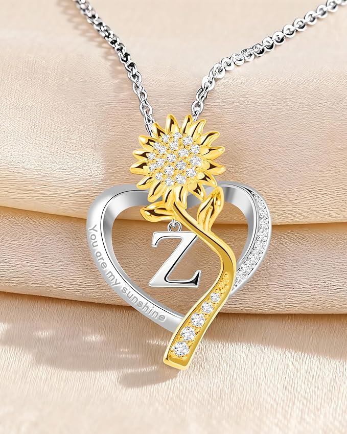 Birthday Gifts for Women Preserved Real Rose with Sunflower Initial Necklace - Birthday Gifts for Women Her Mom Wife on Valentines Mothers Day Christmas Anniversary Romantic with Pendant Z