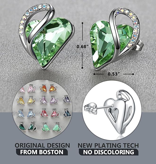 Leafael Infinity love Heart Birthstone Stud Earrings for Women, Valentine's Day Gifts for Mom, Wife, and Her, Silver Plated Birthday Jewelry