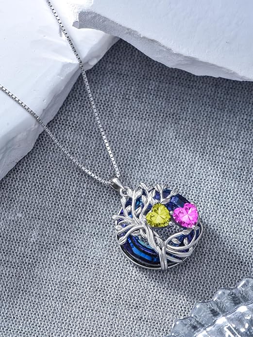 TOUPOP s925 Sterling Silver Family Celtic Tree of Life Pendant Necklaces with 2 Heart Birthstone with Blue Austrian Crystal Jewelry Birthday Valentines Day Gifts for Her, Anniversary Christmas Gifts for Wife Girlfriend Mom (18K Real White Gold Filled)