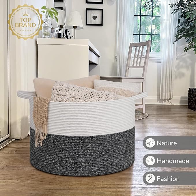 INDRESSME 115L Extra Large Woven Rope Blanket Basket Living Room | 23.6" x - Image 7