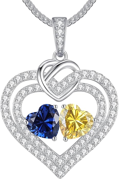 LOUISA SECRET Sparkling Double Heart Birthstone Necklaces for Women, 925 Sterling Silver Fine Jewelry, Pendant Heart Necklaces Birthday Anniversary Christmas Gift for Women Wife Mom Girlfriend Lady