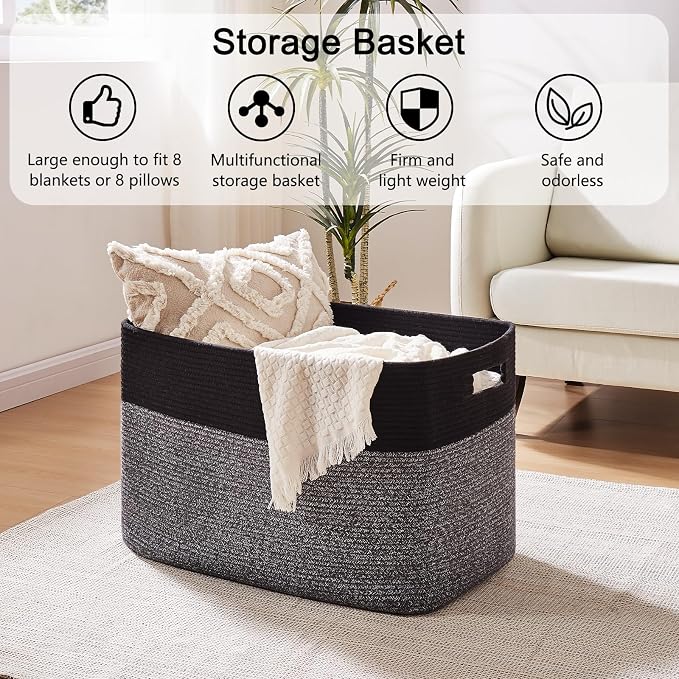 OIAHOMY 108L Extra Large Blanket Basket Dog Toy Basket Grey/Black | Rectangle - Image 4