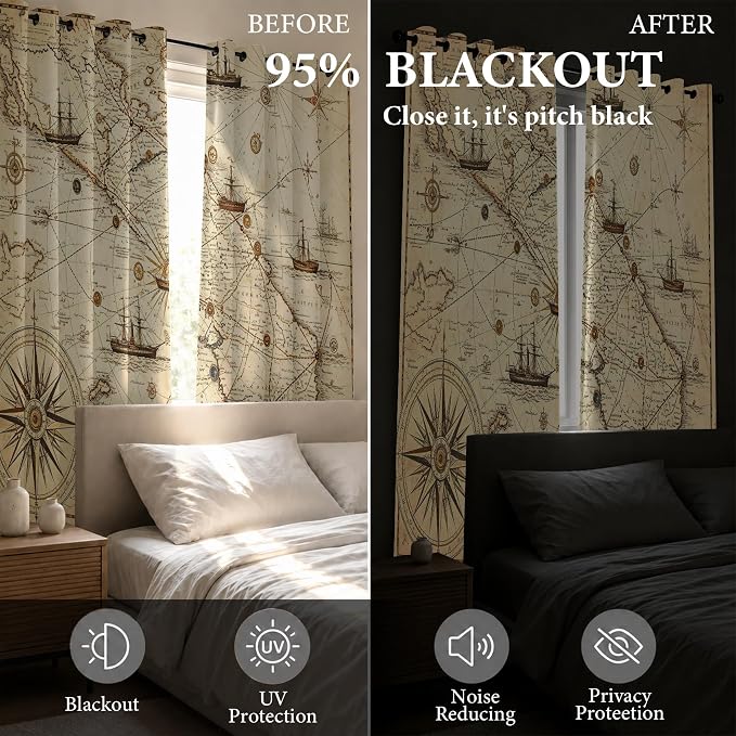 Vintage Nautical Blackout Curtains 52 x 84 Inch Length Set of 2 | Pirate - Image 5