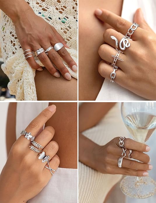 LOLIAS 16Pcs Stackable Stainless Steel Rings for Women Chunky Silver Rings Non Tarnish Ring Open Adjustable Thumb Finger Statement Ring Set