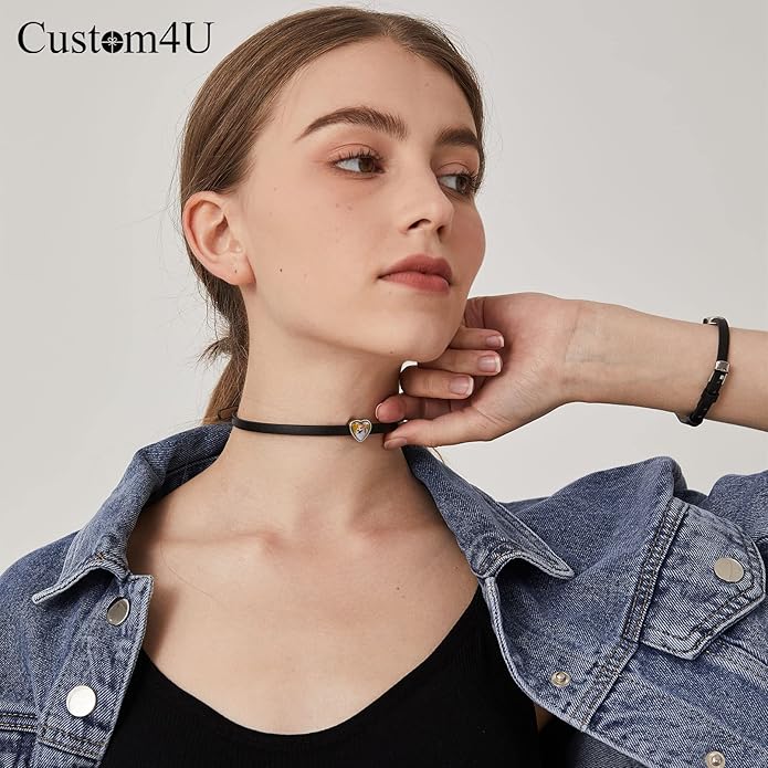 Custom4U Personalized Black Leather Choker Necklace with Picture/Name/Initials/Letters Charm,Custom Made Adjustable Choker Collar Gothic Punk Necklaces Jewelry Gifts for Women
