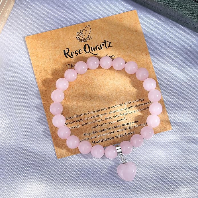 MAIBAOTA Healing Crystal Bracelet for Women, 8 mm Natural Gemstone Beaded Bracelet, Love Heart Bracelet Jewelry Gifts for Birthday Mothers Day Valentine's Day Anniversary