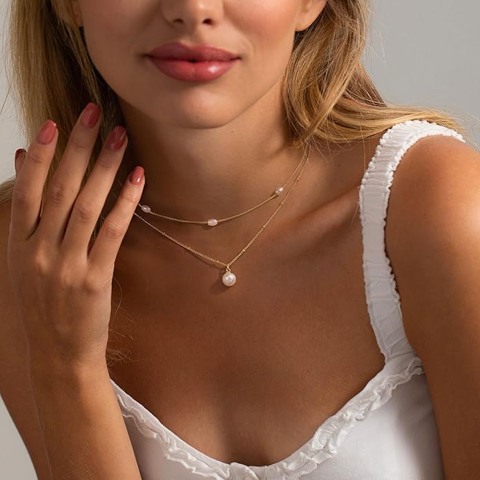 Pearl Necklaces for Women-14k Gold Plated Layered-Single Pearl Necklace Simple Pearl Choker Necklaces for Women Trendy Cute Gold Necklace Jewelry for Women Gifts