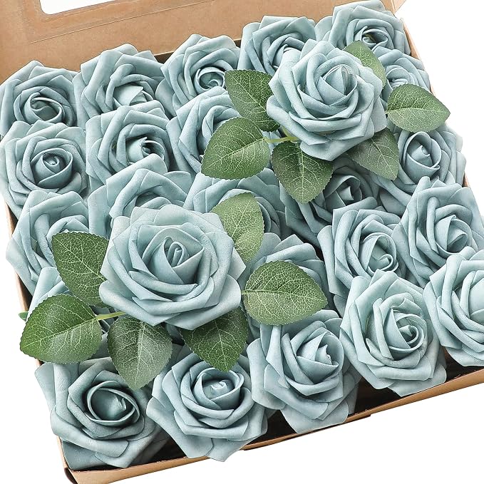 Artificial Flowers 25pcs Real Looking Dusty Blue Foam Fake Roses by Floroom