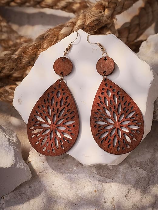 MINACHI Bohemian Hollow Cut-Out Wood Leather Dangle Drop Earrings, Boho Chic Hippie Statement Jewelry Gift for Women