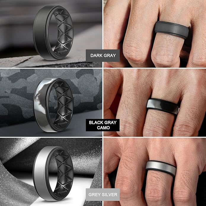 Egnaro Silicone Rings for Men 1/4/5/6/7 Multipack of Breathable Mens Silicone Rubber Wedding Rings Bands - Step Edge