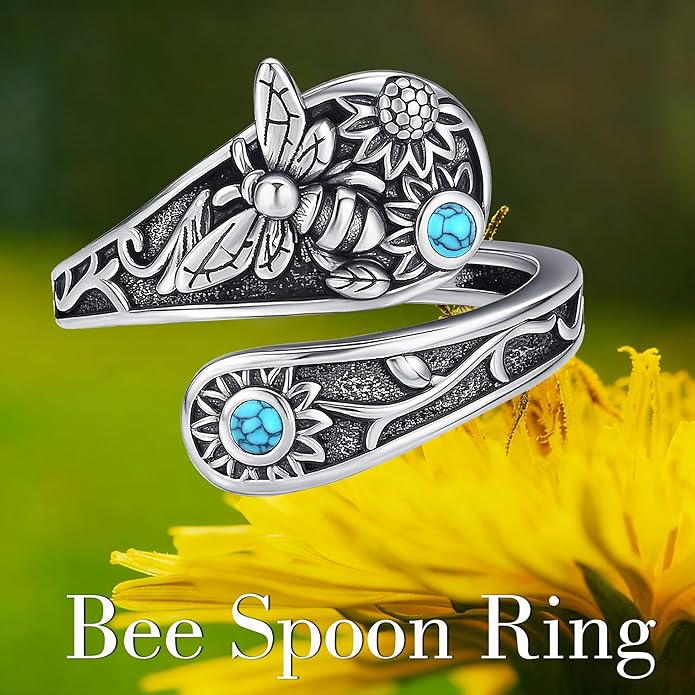 MONGAS Bee Ring Sterling Silver Created Turquoise Adjustable Spoon Ring Vintage Bee Jewelry Gifts for Women