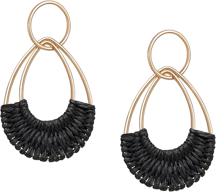 Raffia Hoop Earrings for Women Fun Boho Summer Beach Earrings Lightweight Handmade Straw Wicker Rattan Dangle Earrings Statement Geometric Round Drop Earrings