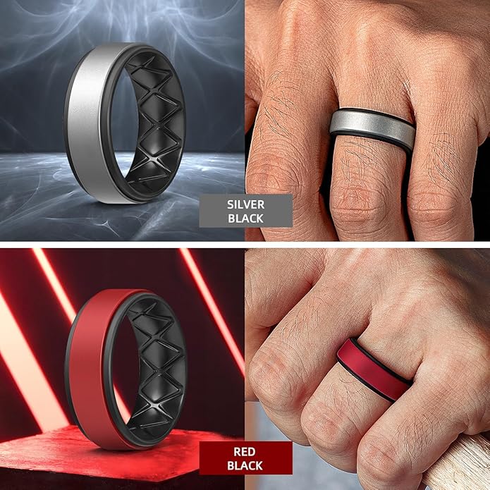 Egnaro Silicone Rings for Men 1/4/5/6/7 Multipack of Breathable Mens Silicone Rubber Wedding Rings Bands - Step Edge