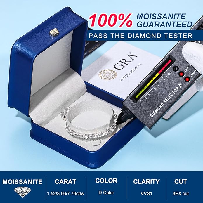 Moissanite Tennis Bracelet 1.79ct-8.69ct Adjustable Bracelet for Women 18K White Gold Plated S925 Sterling Silver Tennis Bracelet D Color VVS1 Round Cut 2/3/4mm Moissanite Bracelet Gifts for Wife/Mom