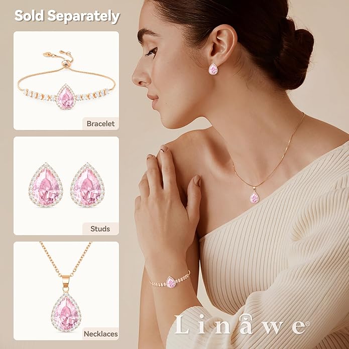 Linawe Crystal Chain Necklace for Women Trendy, Imitation Diamond Pendant, Statement Cubic Zirconia Boho Jewelry Set, 14K Gold/Rose Gold/Silver Birthstone Necklace