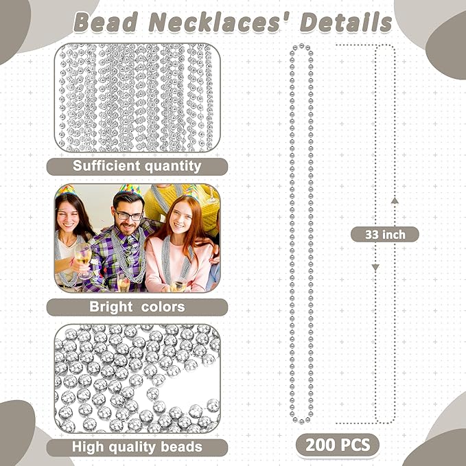 200PCS Mardi Gras Beads Necklaces, Silver Bead Necklace, 33" Mardi Gras Beads, Parade Party Beads Bulk for Christmas Pirate Wedding Birthday Party Favors Supplies Decor
