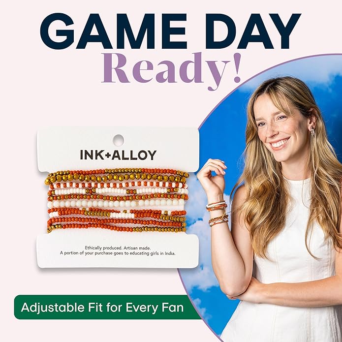 INK + ALLOY Game Day Bracelet Stacks, Beaded Bracelets for Football Gameday Outfits, Handmade Jewelry for College Students, Teachers, Football Moms, Set of 10