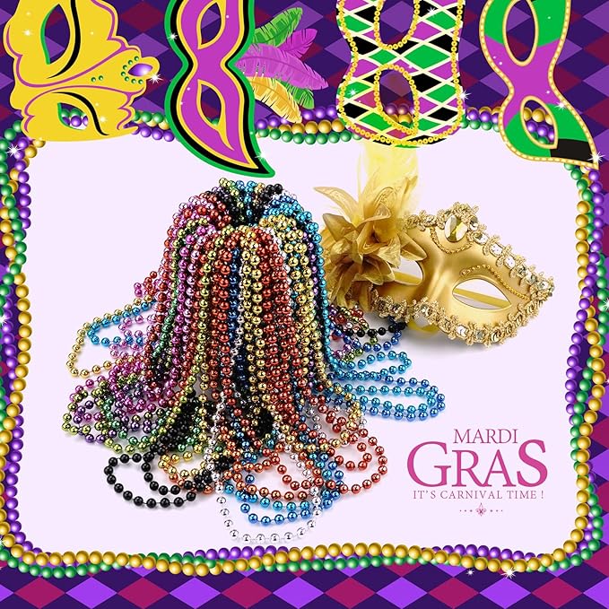 YAXINRUI 72 PCS Mardi Gras Beads Necklaces, 33 Inch 12 Colors Party Bead Necklace for Mardi Gras, Christmas, St. Patrick's Day, Throw Beaded Party Favors in 12 Shiny Metallic Colors