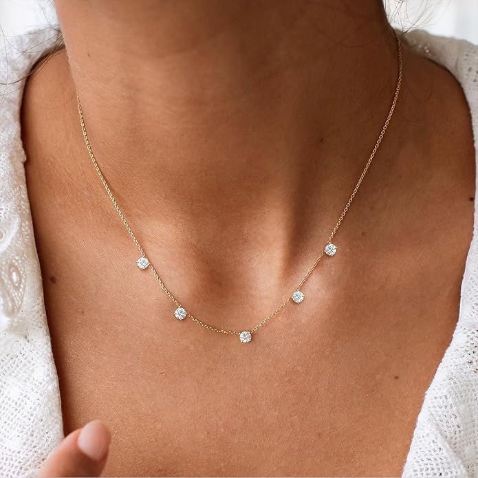 VRIUA Necklaces for Women - 14K Gold/Silver Plated Dainty Chain Necklace with Five Charms: Diamond, Bow, Snowflake, Cross, Flower, Clover, Butterfly, Heart, Star of David, and Star Trendy Jewelry