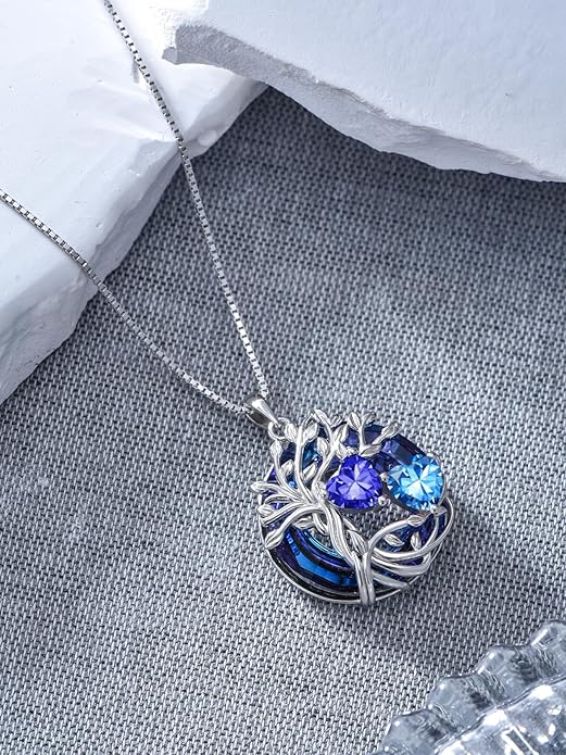 TOUPOP s925 Sterling Silver Family Celtic Tree of Life Pendant Necklaces with 2 Heart Birthstone with Blue Austrian Crystal Jewelry Birthday Valentines Day Gifts for Her, Anniversary Christmas Gifts for Wife Girlfriend Mom (18K Real White Gold Filled)