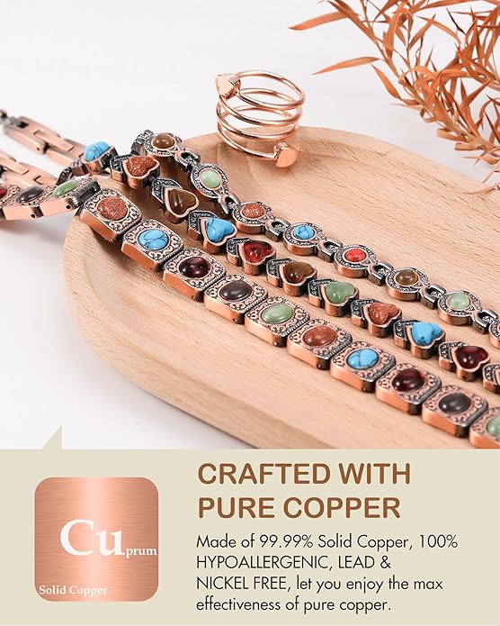 Feraco Pure Copper Bracelets & Rings for Women, Ultra Strength Magnetic Bracelet with 3800 Gauss Magnets & Natural Turquoise & Stones, Adjustable, Jewelry Gift