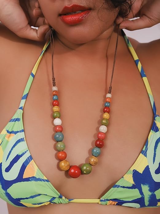 MINACHI Hippie Boho Colorful Ceramic Round Beads Strand Necklace, Bohemian Fashion Statement Jewelry Gift for Women
