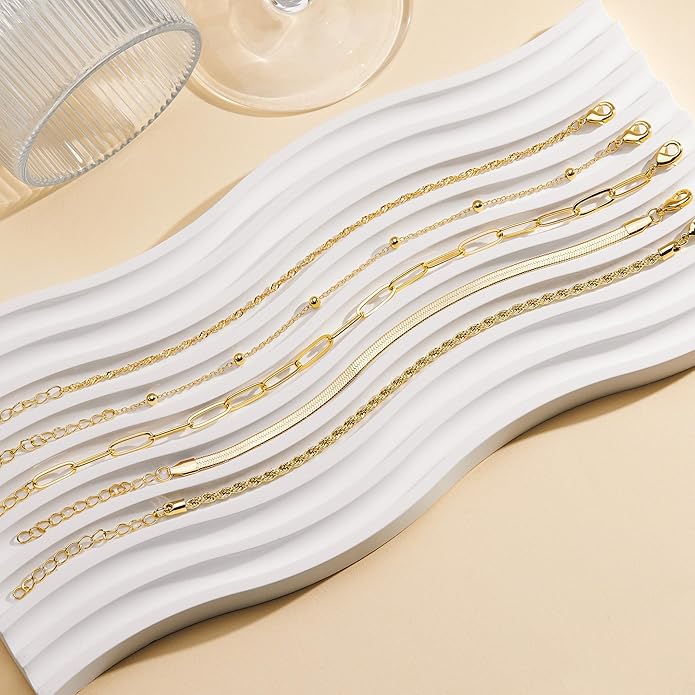Gold Bracelets Set for Women Non Tarnish Trendy,14K Gold Plated Dainty Stackable Paperclip Cuban Link Chain Bracelets, Simple Cute Cuff Bracelets Jewelry Set Adjustable 7"+2"
