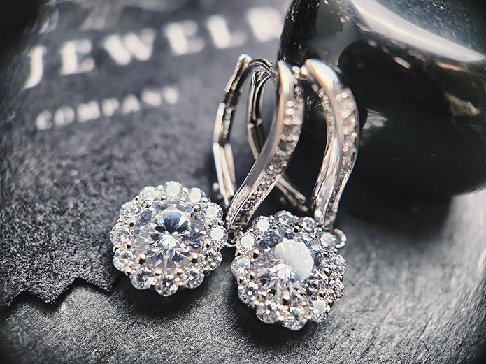 14K White Gold Moissanite Earrings Men & Women, Solid Gold Simulated Diamond and Lab Diamonds Studs for Men & Women, 1ct - 2ct Round, Princess, Heart, Halo Cut, Dangle, Lever or Screw Back Earrings, VVS1, D Color, Pink or Blue - Luxury Gift Box
