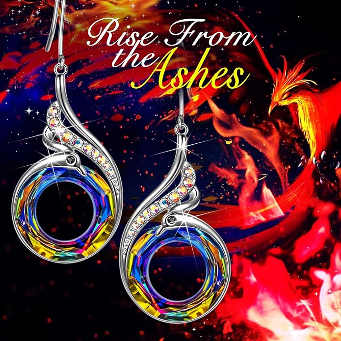 Kate Lynn "Rise From the Ashes" Phoenix Earrings, Sterling Silver Dangle Earrings with Crystals from Austria, Birthday Gift with Jewelry Box, Symbol of Luck and Renewal