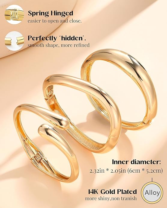 Chunky Bangle Bracelets for Women, Dainty 14k Gold Plated Big Stackable Bangles Set, Trendy Statement Women's Cuff Bracelet Stack Waterproof Chunky Bracelets Jewelry Gifts