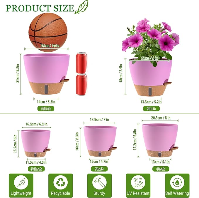 Self Watering Pots for Inoor Ourdoor Plants 10/9/8/7/6.5 Inch, 5 Pack | Plastic - Image 7