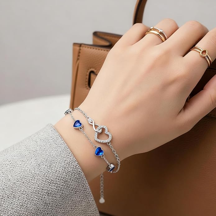 Prismata Infinity Birthstone Charm Link Bracelet 925 Sterling Silver Adjustable 12 Months Birthstone Infinity Bracelet Birthday Jewelry Gifts for Women Mom Her,with 7"+2" chain