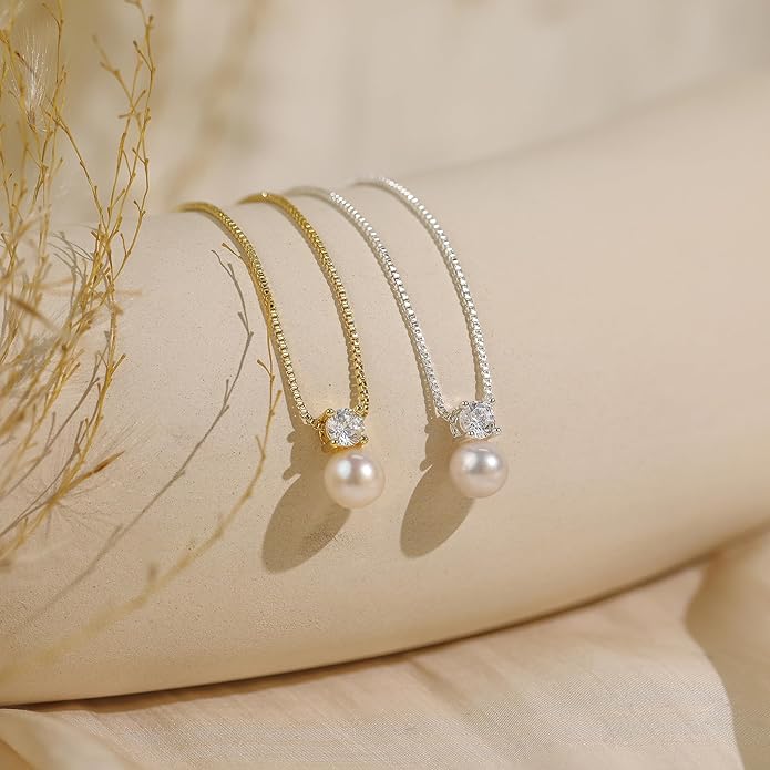 WFYOU Pearl Necklaces for Women Trendy 6MM 8MM 10MM Dainty Round Natural Freshwater Pearl Necklace Silver 14K Gold Plated CZ Pearls Necklaces for Women Birthday Bridesmaid Wedding Gifts Pearl Jewelry