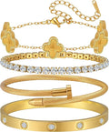 18K Gold Plated Bangle Bracelets Stack for Women,Four Leaf Clover Stackable Bracelets Non Tarnish,4 Pcs Jewelry sets Gifts