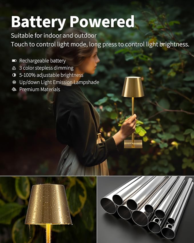 KDG 2 Pack Cordless Gold Table Lamps, Rechargeable Portable LED Desk Lamps | - Image 4