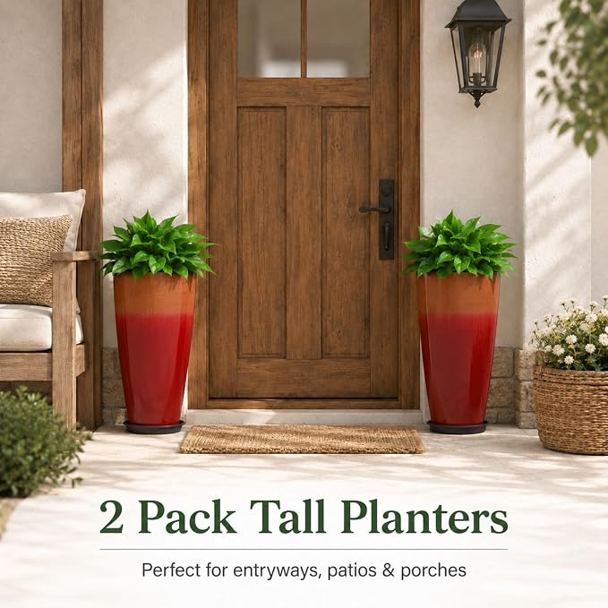 Neoaider Set of 2 Tall Planter, 21 inch Large Plastic Planter, Firey Red | - Image 4