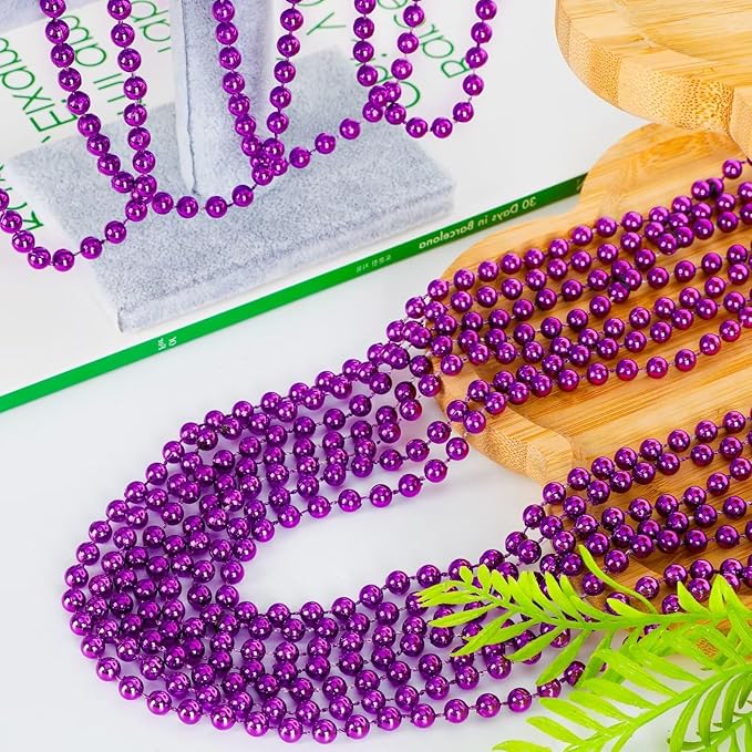 144PCS Mardi Gras Beads, Purple Bead Necklace Party Favors, 33" Beaded Necklace Costume Bulk, Festival Parade Throw Accessories for Halloween Mardi Gras Wedding Birthday Celebrations Decorations