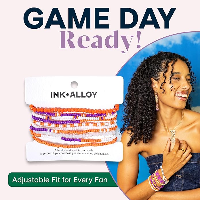 INK + ALLOY Game Day Bracelet Stacks, Beaded Bracelets for Football Gameday Outfits, Handmade Jewelry for College Students, Teachers, Football Moms, Set of 10