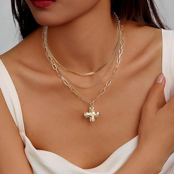 Evabelle Gold Layered Necklace for Women Trendy Jewelry 14K Real Gold Plated Chunky Chain Stackable Necklaces Dainty Choker Necklaces Rectangle Square Pendant