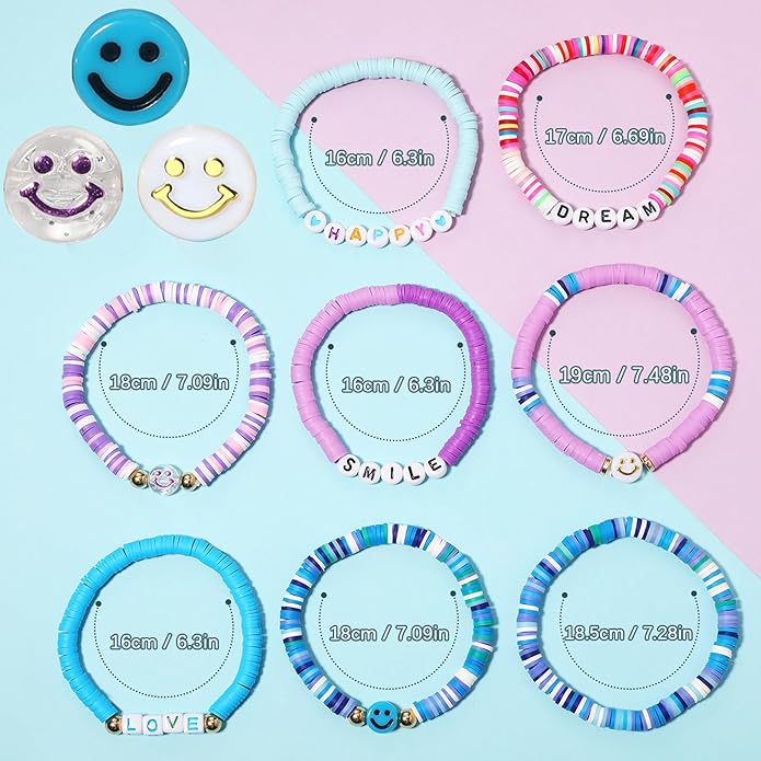Preppy Bracelets Set Colorful White Gold Smile Heart Star Polymer Beaded Pearl Clay Stackable Charm Y2K Kidcore Aesthetic Summer Beach Bohemian Stretch Layering Bracelets Jewelry for Girls Women Teens