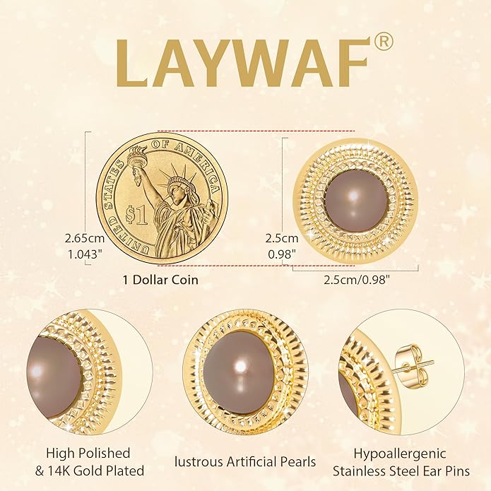 Faux Pearl Gold Plated Stud Earrings for Women, Hypoallergenic Stainless Steel Ear Pin, Available in a Variety of Pearl Colors