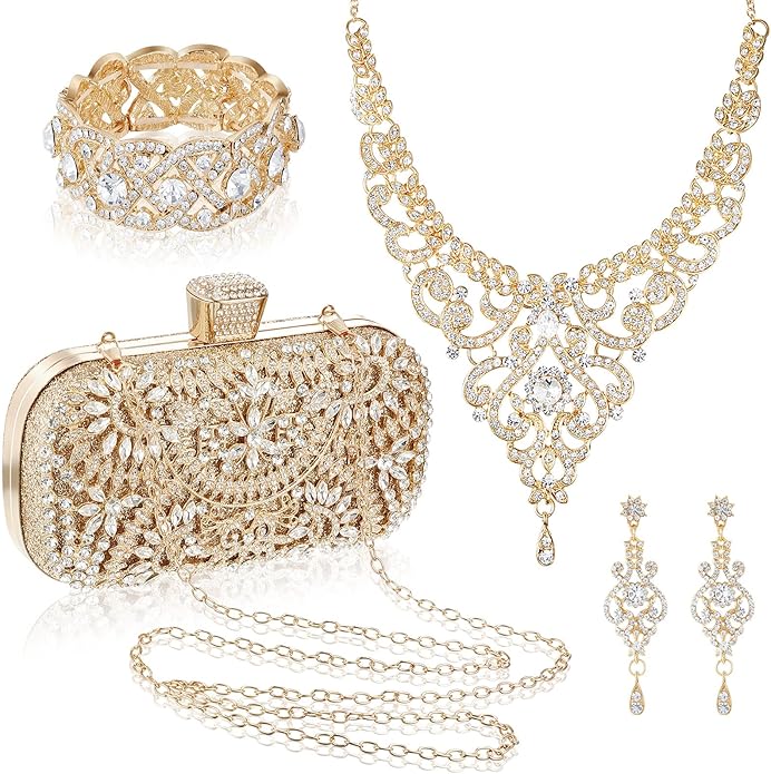 Quelay 4 Pcs Purse Rhinestone Jewelry Set Evening Clutch Bag Bling Crystal Necklace Dangle Earrings Bracelets Accessories