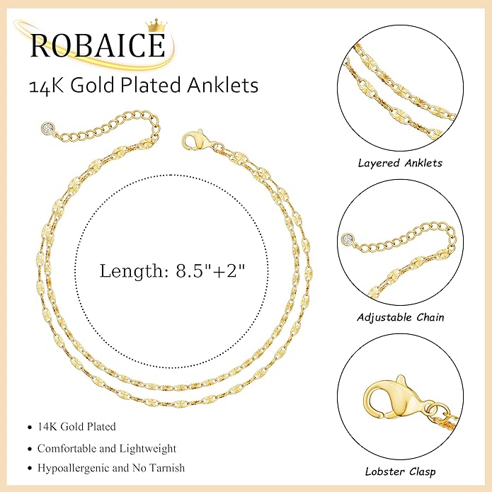 Ankle Bracelets for Women, Glitter Waterproof Adjustable Anklet for Women, 14K Gold Plated/Sterling Silver Layered Anklets, Summer Beach Anklet Jewelry for Women Gift