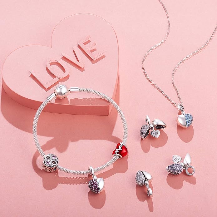 NINGAN “I Love You” Dangle Charm Love Heart Pendant Bead for Women Wife Girlfriend with 5A Cubic Zirconia for Charm Bracelets 925 Sterling Silver