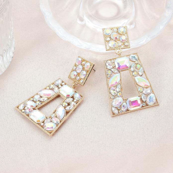 Rhinestone Rectangle Statement Earrings Colorful Crystal Geometric Drop Dangle Earrings for Women Prom Party