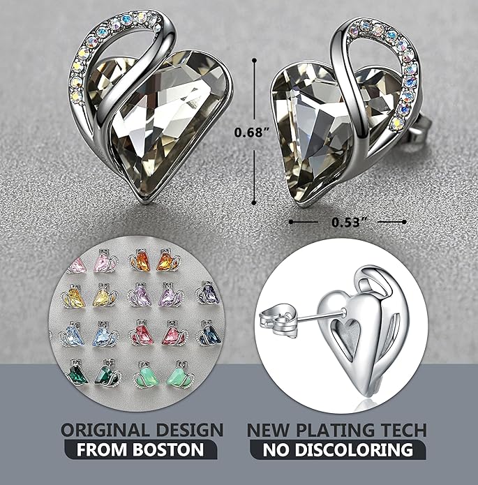 Leafael Infinity love Heart Birthstone Stud Earrings for Women, Valentine's Day Gifts for Mom, Wife, and Her, Silver Plated Birthday Jewelry