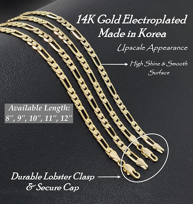 Gold Electroplated Anklet for Women, 9-12 Inch Sizes, Figaro, Cuban, Mariner, Herringbone Design - Made in Korea