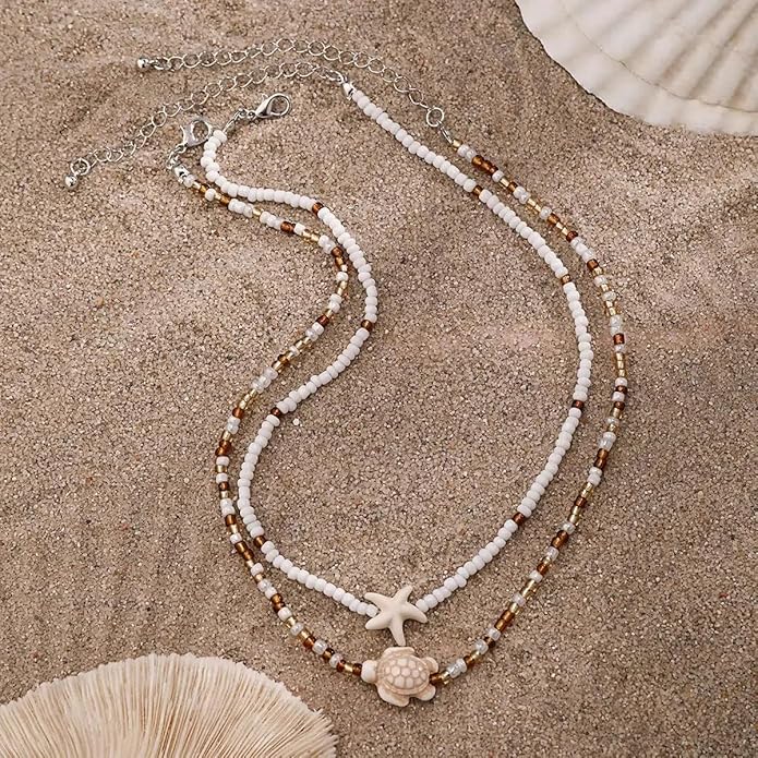 Women's Shell Starfish Boho Layered Beaded Necklace Choker for Summer Beach Vacation Gifts for Birthday/Anniversary/Christmas