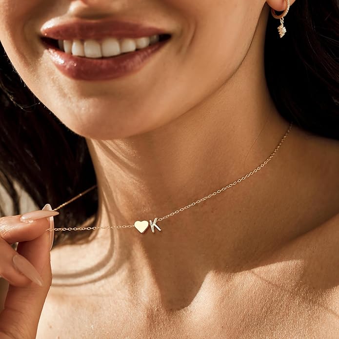 Initial Necklace for Women 18K Gold Plated Stainless Steel Tiny Heart Letter Necklace Personalized Name Necklace