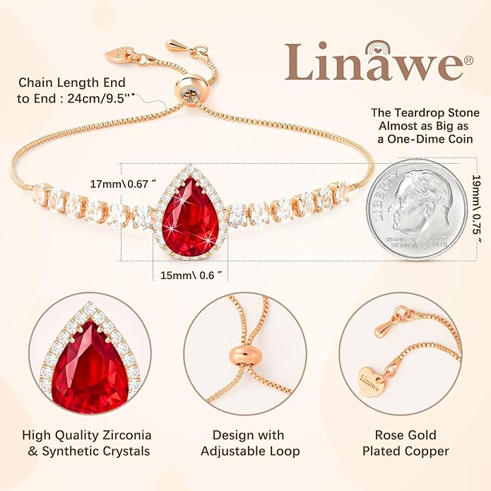 Linawe Crystal Imitation Diamond Rhinestone Charm Bracelets for Women, Gold/Silver/Rose Gold Adjustable Chain Bracelet, Teardrop Birthstone Cubic Zirconia Prom Costume Wedding Jewelry